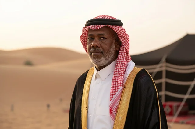 رجل سعودي مسن بالبشت التقليدي في خيمة صحراوية