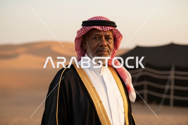 رجل سعودي مسن بالبشت التقليدي في الصحراء