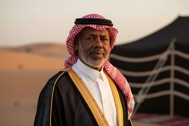 Senior Saudi Man in Traditional Bisht at Desert Sunset
