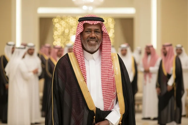رجل سعودي بزي رسمي وبشت أسود في مناسبة عامة