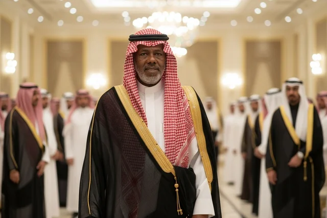 رجل سعودي بالبشت الأسود والشماغ الأحمر في قاعة رسمية