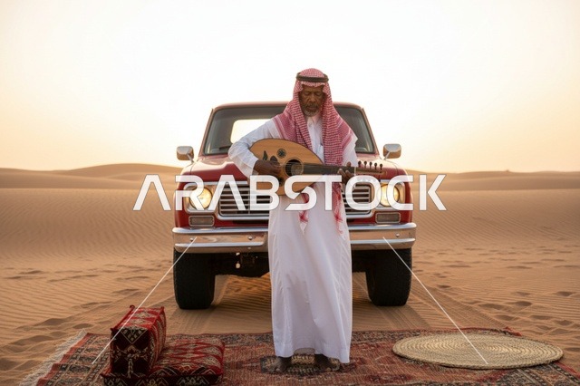 رجل سعودي يعزف العود أمام شاحنة قديمة في الصحراء
