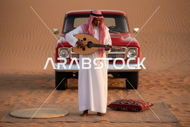 Saudi Man Playing Oud in Desert with Vintage Truck