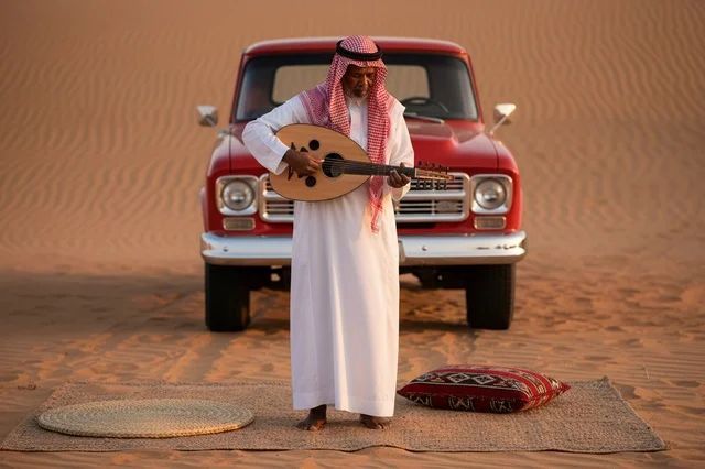رجل سعودي يعزف العود في الصحراء مع شاحنة كلاسيكية