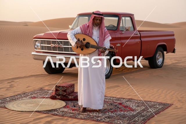 رجل سعودي يعزف العود في الصحراء مع شاحنة كلاسيكية