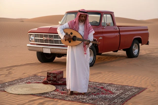 رجل سعودي يعزف العود في الصحراء مع شاحنة كلاسيكية