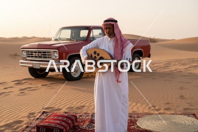 رجل سعودي يعزف العود في الصحراء مع شاحنة كلاسيكية