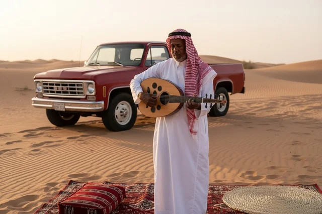 Saudi Man Playing Oud in Desert with Vintage Truck