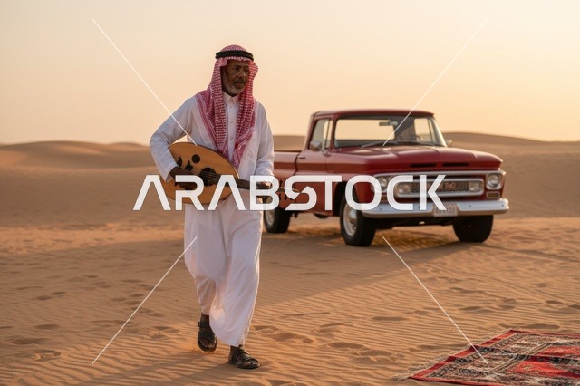 رجل سعودي يعزف العود في الصحراء مع سيارة كلاسيكية