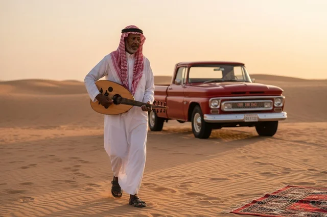 Saudi Man Playing Oud in Desert with Vintage Truck