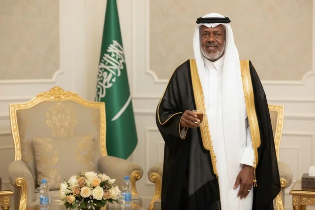 Saudi Man in Traditional Bisht Holding Arabic Coffee