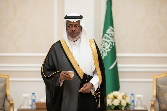 Saudi Man in Traditional Bisht Holding Arabic Coffee
