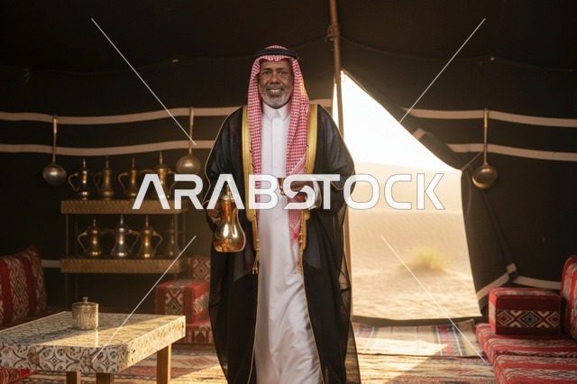 رجل سعودي مسن في خيمة تراثية مع دلة القهوة