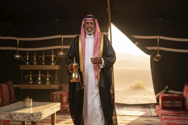 رجل سعودي مسن في خيمة تراثية مع دلة القهوة