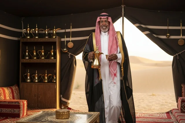 Saudi Man in Traditional Bisht Holding Arabic Coffee Dallah
