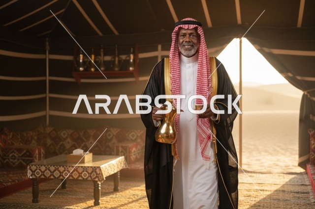 رجل سعودي مسن يحمل دلة قهوة في خيمة بدوية