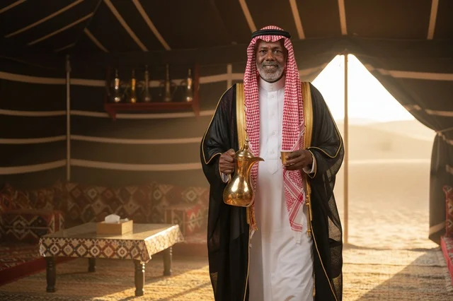 Elderly Saudi Man Holding Dallah in Bedouin Tent