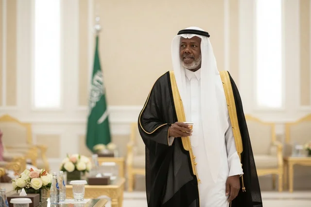 رجل سعودي بالبشت التقليدي يحمل فنجان قهوة