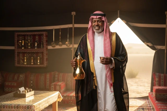 Saudi Man in Traditional Tent with Golden Coffee Dallah