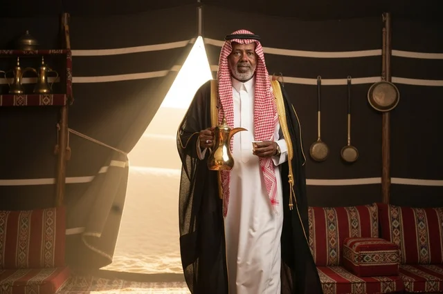 Saudi Man in Traditional Dress with Coffee Dallah Saudi Man in Traditional Dress with Coffee Dallah