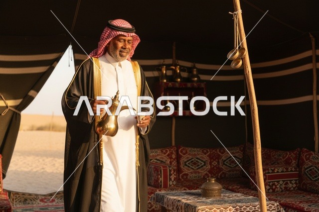 Elderly Saudi Man Pouring Coffee in Desert Tent