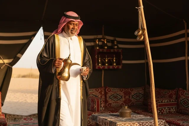 Elderly Saudi Man Pouring Coffee in Desert Tent