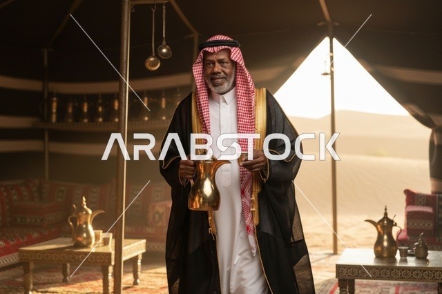 رجل سعودي بالزي التقليدي مع دلة قهوة في الخيمة