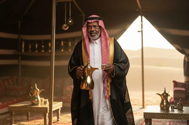 Elderly Saudi Man with Coffee Dallah in Desert Tent