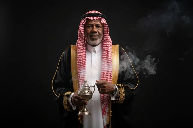 Saudi Man in Traditional Bisht Holding Incense Burner