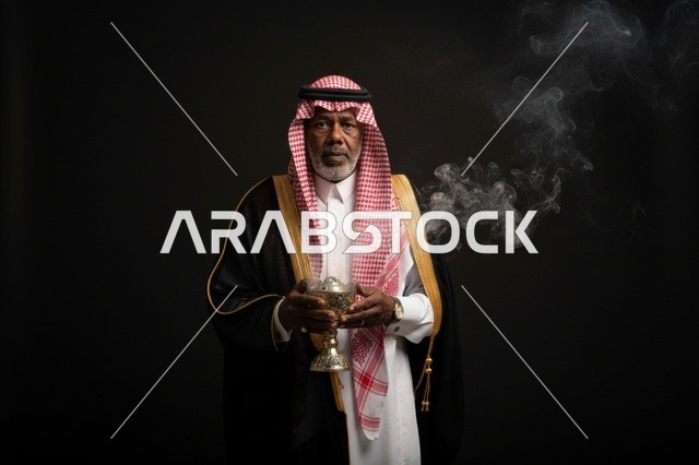 رجل سعودي مسن بالبشت التقليدي مع مبخرة