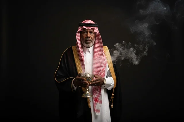 Elderly Saudi Man in Traditional Bisht with Incense