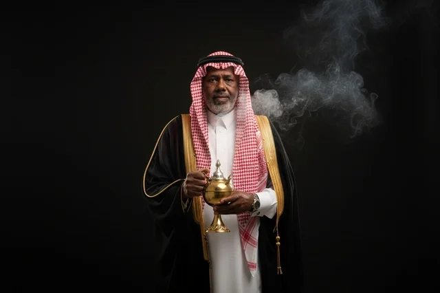 رجل سعودي يرتدي البشت يحمل مبخرة تقليدية مع دخان