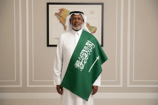 Saudi Man in Traditional Dress with National Flag