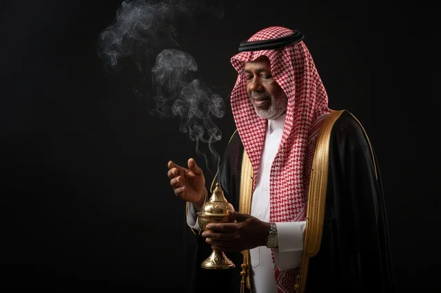 رجل سعودي بالبشت التقليدي يحمل مبخرة وبخور