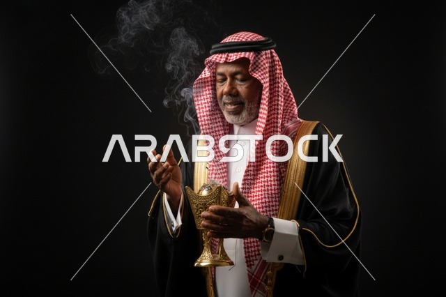 رجل سعودي باللباس التقليدي يحمل مبخرة ذهبية