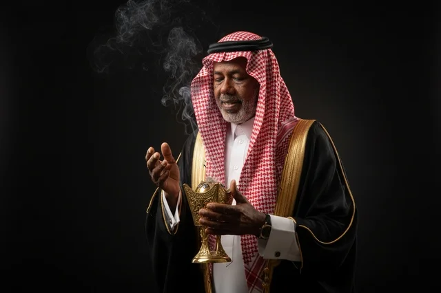 Saudi Man with Incense Burner in Traditional Dress Saudi Man with Incense Burner in Traditional Dress