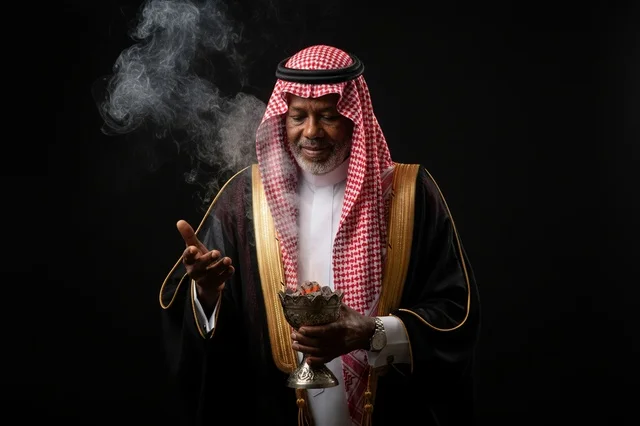رجل سعودي مسن مع مبخرة البخور التقليدية