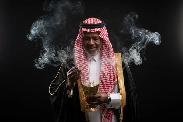 رجل سعودي بالبشت التقليدي يحمل مبخرة وبخور