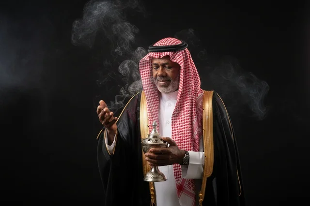 رجل سعودي مسن يرتدي البشت التقليدي ويحمل مبخرة فضية