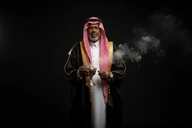 رجل سعودي بالبشت التقليدي يحمل مبخرة بخور