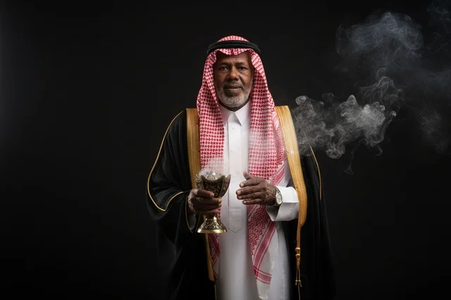 رجل سعودي بالبشت التقليدي يحمل مبخرة وبخور