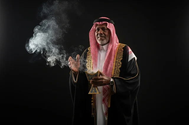 رجل سعودي بالبشت التقليدي يحمل مبخرة وبخور