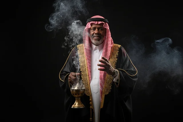 رجل سعودي بالبشت التقليدي يحمل مبخرة وبخور