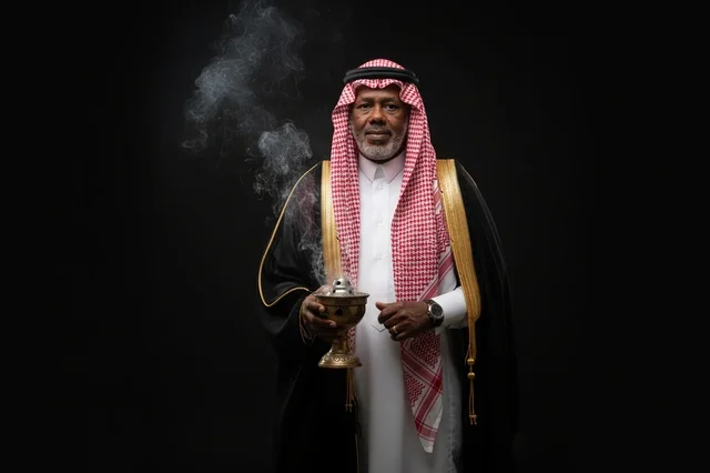 رجل سعودي بالبشت التقليدي يحمل مبخرة وبخور