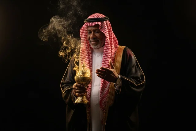 Saudi Man in Traditional Dress with Incense Burner