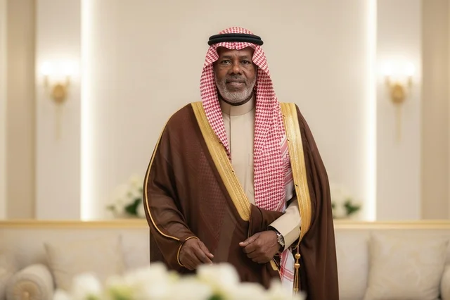 رجل سعودي مسن يرتدي البشت البني التقليدي والشماغ