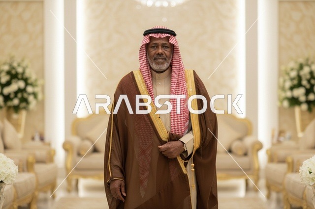 رجل سعودي مسن بالبشت التقليدي والشماغ في مجلس