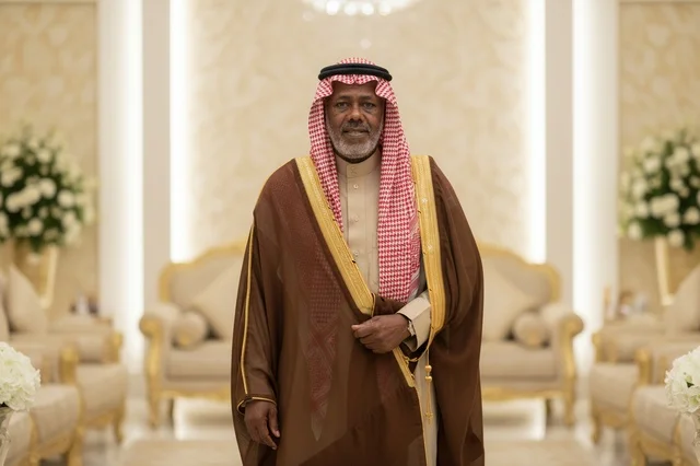 رجل سعودي مسن بالبشت التقليدي والشماغ في مجلس
