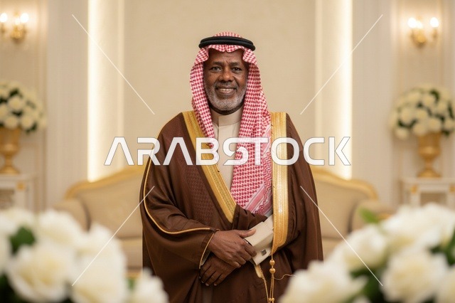 رجل سعودي مسن يرتدي بشت بني وشماغ أحمر