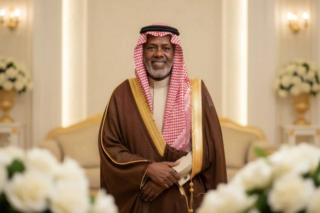 رجل سعودي مسن يرتدي بشت بني وشماغ أحمر